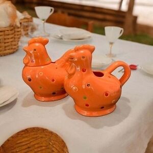 Temptations Orange Polka Dot Chicken Rooster Creamer Sugar Pot Set Ceramic VG